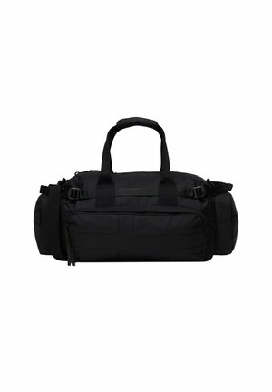 Borsa da viaggio rettangolare nera con doppie maniglie, tasca frontale con zip, scomparti laterali e tracolla regolabile.