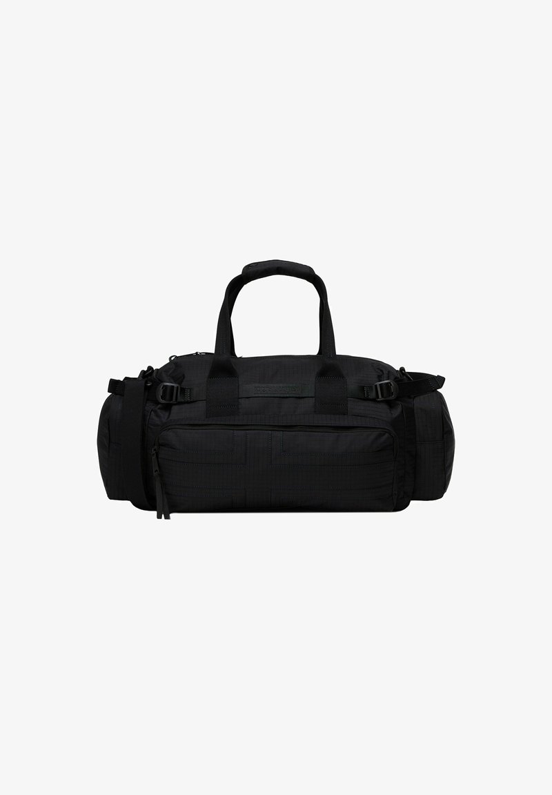 Borsa da viaggio rettangolare nera con doppie maniglie, tasca frontale con zip, scomparti laterali e tracolla regolabile.