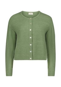Zielony kardigan wykonany z miękkiej dzianiny, z okrągłym dekoltem, zapięciem na guziki z przodu i długimi rękawami. Posiada małe, okrągłe guziki.