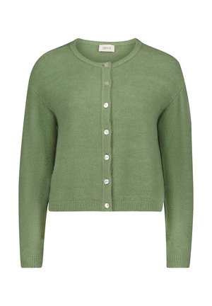 Grüne Strickjacke aus weichem Strickstoff mit rundem Halsausschnitt, durchgehender Knopfleiste und langen Ärmeln. Verziert mit kleinen, runden Knöpfen.