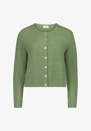 Cardigan verde realizzato in morbido tessuto a maglia con scollo rotondo, chiusura frontale con bottoni e maniche lunghe. Presenta piccoli bottoni rotondi.