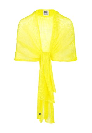 Jasnożółty lekki dziany szal o luźnym splocie z detalem w postaci węzła z przodu, prezentowany na białym tle.