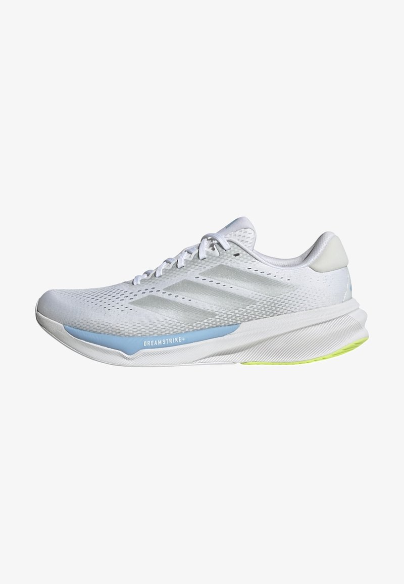 White athletic shoe with mesh upper, light blue accents, and textured sole. Features minimalistic design and prominent brand logo on side.