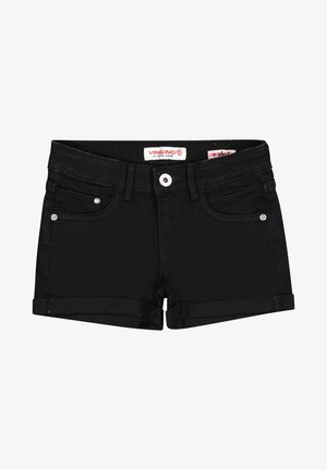 Sorte denimshorts med et tætsiddende design, opfoldede kanter, frontlommer og knaplukning. Mærkets label er synlig på taljen.