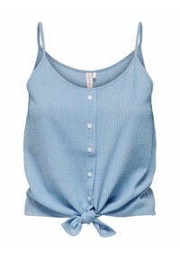 Haut sans manches rayé bleu et blanc avec un col arrondi, des boutons à l'avant et un nœud noué en bas. Tissu texturé.