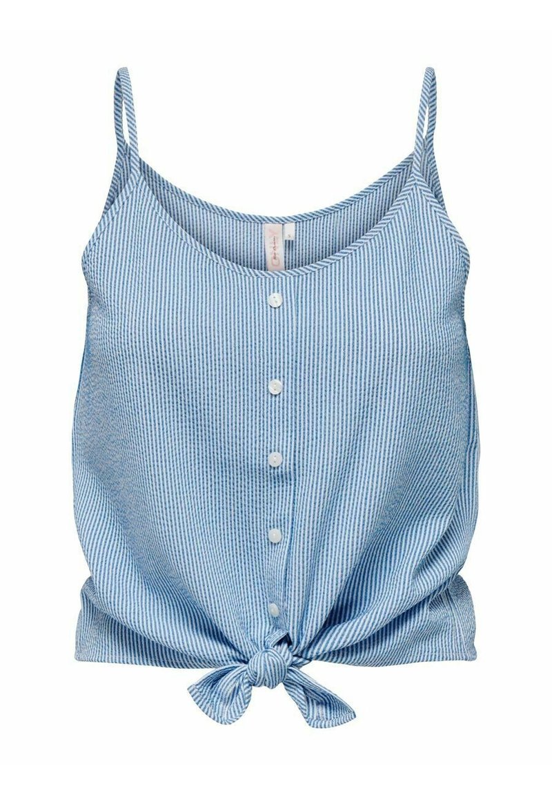 Haut sans manches rayé bleu et blanc avec un col arrondi, des boutons à l'avant et un nœud noué en bas. Tissu texturé.