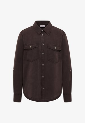 Mørkebrun skjorte med knapper, lange ærmer, to brystlommer med klapper og knapper samt en spids krave.