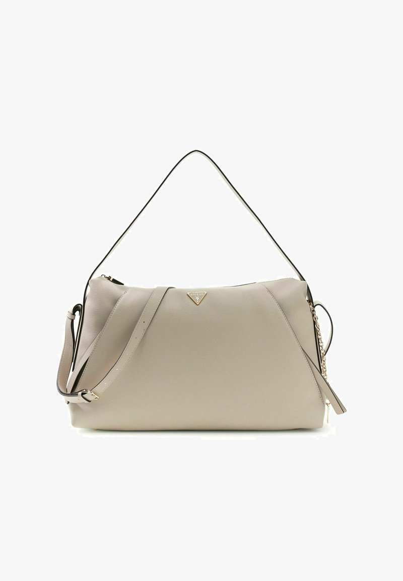 Sac à épaule en cuir beige clair avec une fine bandoulière, une sangle réglable supplémentaire et un petit logo triangulaire de la marque à l'avant.