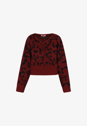 Burgundi színű, cropped pulóver fekete állatmintával, V nyakkivágással és megkötős részlettel a nyaknál. Puha kötött anyagból készült, hosszú ujjal.