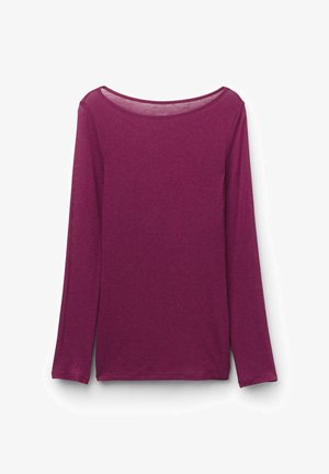Langarmoberteil in Dunkellila, mit weitem Rundhalsauschnitt, aus weichem Stoff und mit lockerer Passform. Keine sichtbaren Muster oder Beschläge.