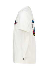 White cotton t-shirt featuring a colorful graphic on the left sleeve depicting a skateboard and sound waves. Regular fit, short sleeves.