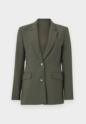Dunkelgrünes Blazer mit taillierter Passform, einreihigem Design, zwei frontalen Taschen und zwei Knöpfen. Glattes Material und mit Revers.