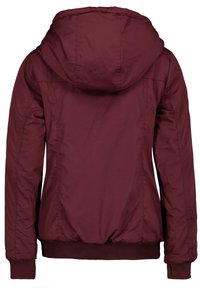 Burgundy hooded jacket features a soft, textured fabric, elastic cuffs, and a gathered hem. Back view shows a smooth, minimalist design.