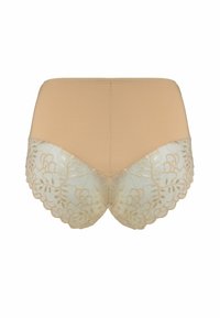 Beżowa bielizna wysoka w talii z falbaniastym koronkowym wykończeniem na dole, zdobiona kwiatowymi wzorami oraz gładkim, nieprzezroczystym materiałem.