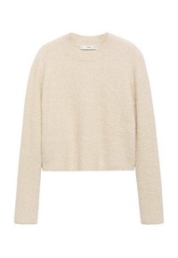 Crèmekleurige cropped sweater van zacht, textuurstof met lange mouwen en een ronde halslijn. Minimalistisch ontwerp, geen zichtbare hardware of patronen.