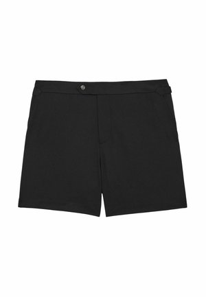 Černé kraťasy vyrobené z hladkého materiálu s plochým předním dílem, jednobuttonovým zapínáním a dvěma bočními kapsami, s čistými liniemi a bez viditelných vzorů.