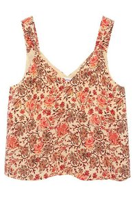 Débardeur floral en beige clair avec des motifs intricats de fleurs et de vignes rouges et orange. Présente des bretelles larges et un décolleté en V.