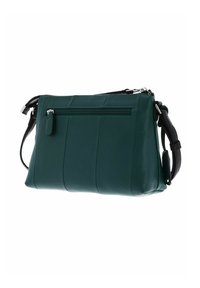 Sac bandoulière en cuir vert avec surface texturée, poche avant zippée, matériel en argent et une sangle noire réglable. Forme rectangulaire.