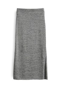 Jupe crayon en tricot gris avec une texture subtile, présentant une fente sur le côté pour plus de liberté de mouvement. Design simple adapté à diverses occasions.