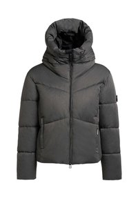 Mørkegrå dunjakke med høj krave, frontlynlås og quiltet tekstur. Har ribbede manchetter og subtile lodrette linjer i stoffet.