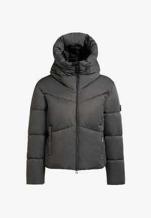 Dark gray puffer jacket with a high collar, front zipper, and quilted texture. Features a ribbed cuff and subtle vertical lines in the fabric.