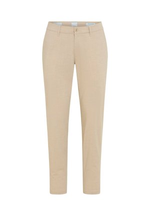 Beige slim-fit men's trousers with belt loops, front button, and zipper closure, displayed on a white background.