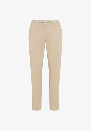 Beige Herren-Slim-Fit-Hose mit Gürtelösen, vorderem Knopf und Reißverschluss, auf weißem Hintergrund präsentiert.