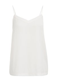 White sleeveless camisole with a V-neckline. Made of smooth fabric, it features thin straps and a relaxed fit. Simple, clean design.