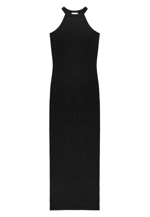 Czarna, bezrękawnikowa, prążkowana sukienka maxi z wysokim dekoltem i dopasowanym krojem, zaprojektowana do noszenia na co dzień lub na formalne okazje.