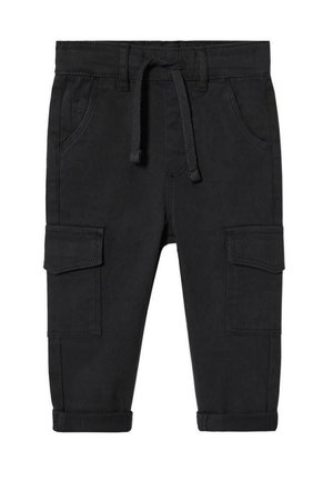 Pantalon cargo noir pour tout-petit avec taille ajustable par cordon, poches avant et latérales à rabat, et revers retroussés.
