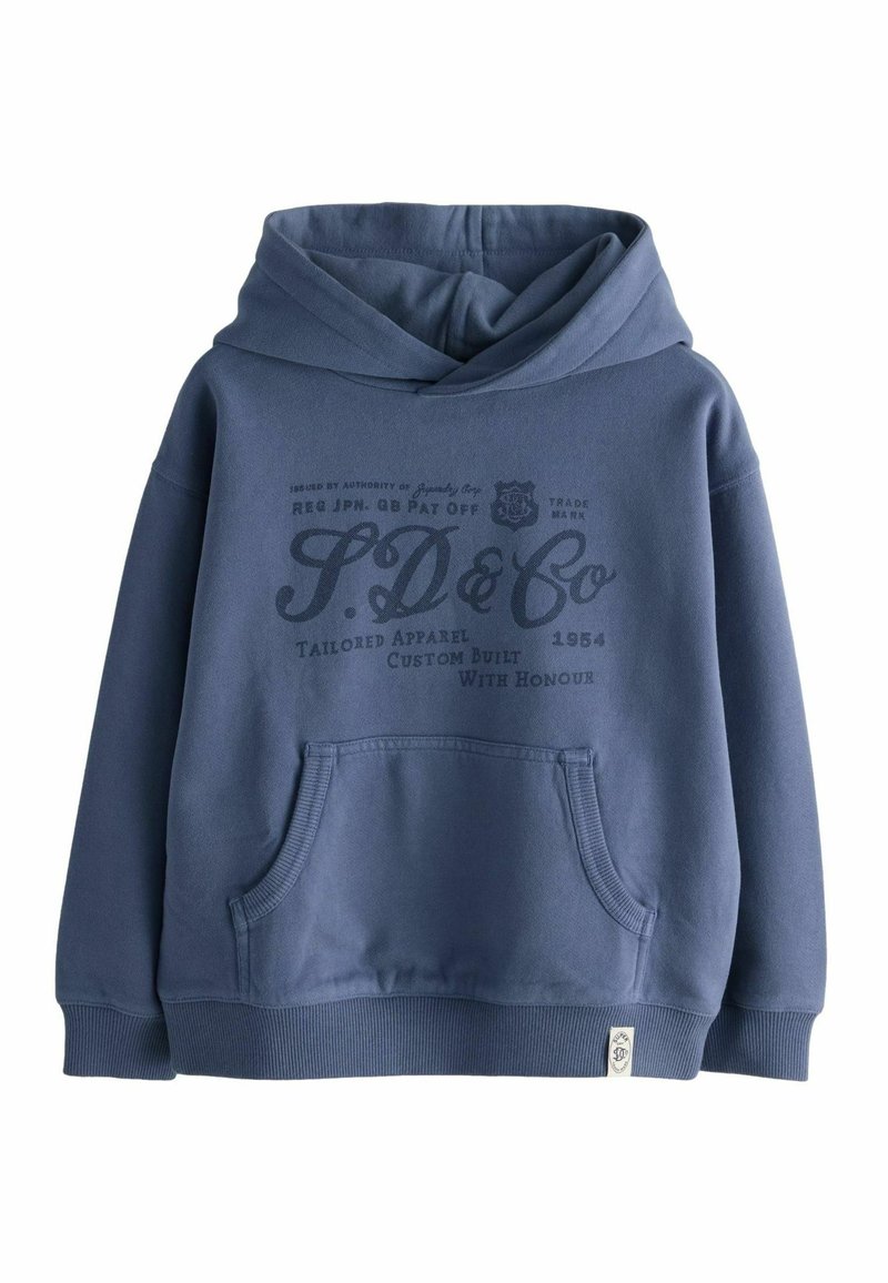Navyblauwe hooded sweatshirt van een zachte katoenen mix, met een voorzak, geribbelde manchetten en een grafische print in donkerder blauw.