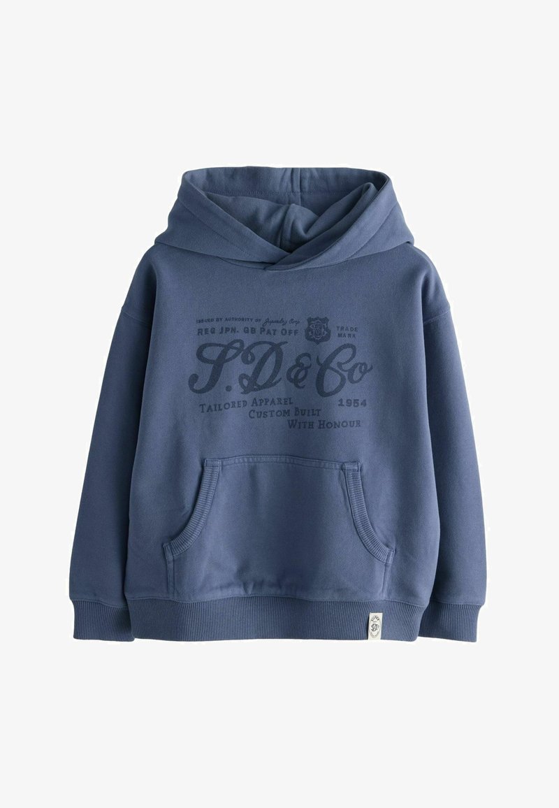 Navyblauwe hooded sweatshirt van een zachte katoenen mix, met een voorzak, geribbelde manchetten en een grafische print in donkerder blauw.