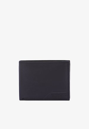 Zwarte leren portemonnee met een rechthoekige vorm, een gladde textuur en subtiele stiksels. Heeft een reliëflogo op de voorkant in de hoek.