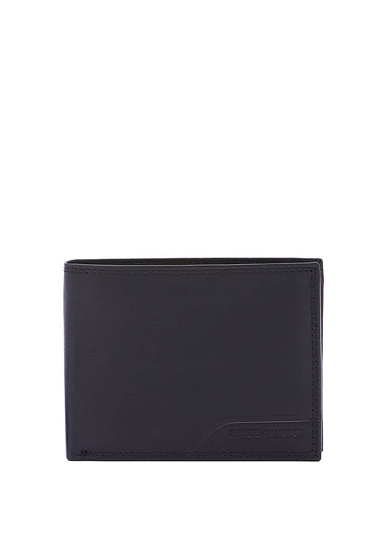 Black leather wallet with a rectangular shape, smooth texture, and subtle stitching detail. Features embossed logo on the front corner.