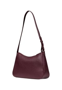 Borsa a spalla in pelle marrone, texture liscia, forma arrotondata, tracolla regolabile, dettagli in acciaio inox argentato discreti, chiusura con zip.