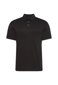 Crna polo majica s kratkim rukavima, izrezom s ovratnikom i tri gumba. Glatka tekstura i blago prilagođeni kroj.