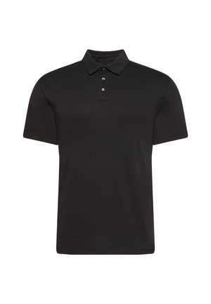 Schwarzes Poloshirt mit kurzen Ärmeln, einem Kragen und drei Knöpfen. Glatte Textur und leicht tailliertes Design.