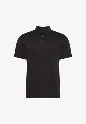 Schwarzes Poloshirt mit kurzen Ärmeln, einem Kragen und drei Knöpfen. Glatte Textur und leicht tailliertes Design.