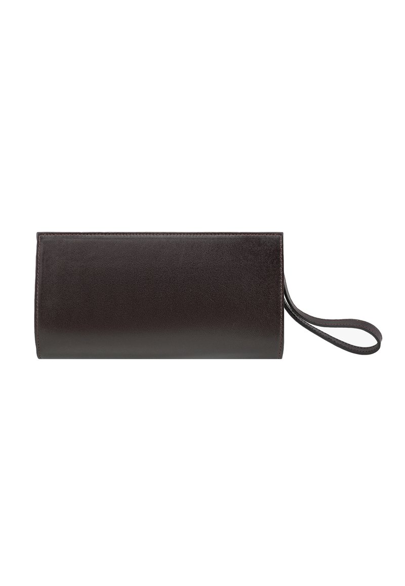 Brun læder clutch pung med en glat tekstur, rektangulær form og en håndledsrem. Har minimal syning og ingen synlig hardware.