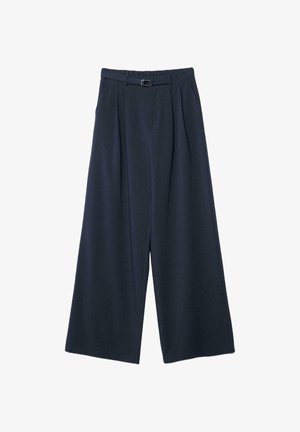 Tummansininen leveälahkeiset housut, joissa on laskokset, edessä vyölenkki ja litteä vyötärönauha. Valmistettu pehmeästä materiaalista, tarjoten väljää istuvuutta kauttaaltaan.