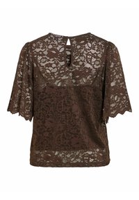 Blouse en dentelle marron avec manches courtes festonnées et petite ouverture en forme de goutte d'eau à l'encolure dos.