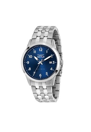 Orologio in acciaio inossidabile argento con quadrante blu, grandi indici delle ore bianchi, finestrella per la data e bracciale a maglie. Presenta una lunetta lucida e lancette luminose.