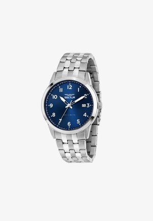 Orologio in acciaio inossidabile argento con quadrante blu, grandi indici delle ore bianchi, finestrella per la data e bracciale a maglie. Presenta una lunetta lucida e lancette luminose.
