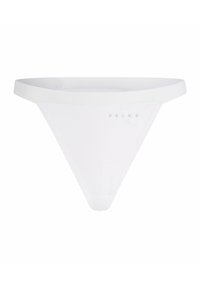 String blanc en tissu lisse, avec une large ceinture et une couverture minimale. Nom de la marque "FALKE" imprimé discrètement.