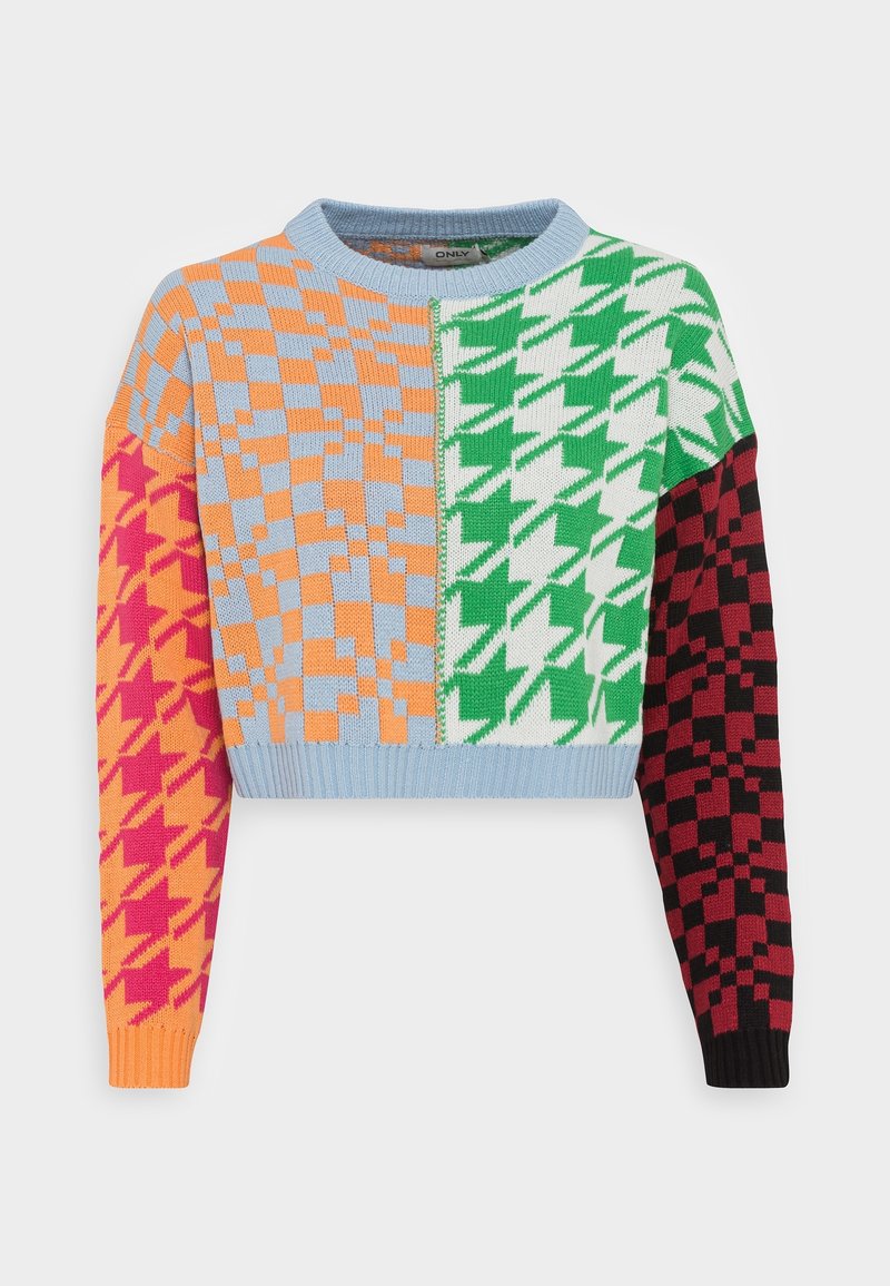 Maglione all'uncinetto con scollo a girocollo, caratterizzato da una combinazione di motivi a scacchi e houndstooth in arancione, verde, blu, rosa e nero. Stile cropped.