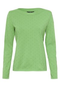 Pull vert à manches longues en maille texturée avec motif de points en relief, encolure ronde et coupe droite. Tissu léger ; coupe décontractée.