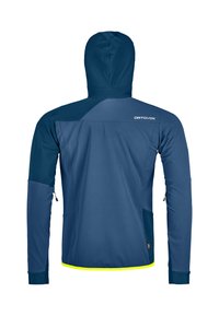 Blue outdoor jacket with a hood, featuring a lightweight, smooth texture. Includes contrasting dark blue accents and a reflective yellow hem.