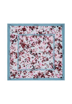 Quadratisches Tuch mit blauem Rand und abstraktem Blumenmuster in Rosa-, Rot- und Schwarztönen, mit dem Schriftzug "Marc O Polo Denim" an den Rändern.