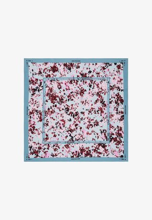 Vierkante sjaal met blauwe rand en abstract bloemmotief in tinten roze, rood en zwart, met de tekst "Marc O Polo Denim" op de randen.