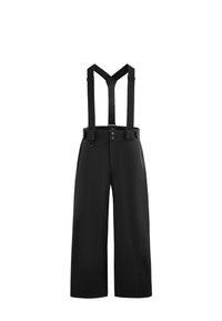 Černé voděodolné kalhoty s širokými nohavicemi, nastavitelné šle, přední zipové kapsy a zapínání na patentku. Hladký povrch, funkční design.